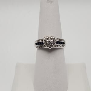 Platinum over Sterling Silver Diamond and Blue Sapphire Heart Ring Size 8